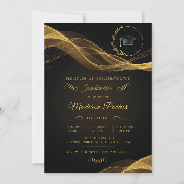 Gold Glittering Wave Graduation  Invitation (Front)