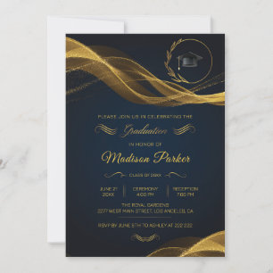 Gold Glittering Wave on Blue Graduation Invitation