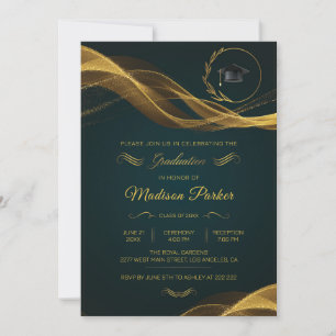 Gold Glittering Wave on Green Graduation Invitation