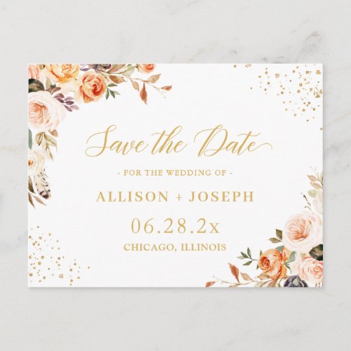 Gold Glitters Autumn Floral Wedding Save the Date Invitation Postcard