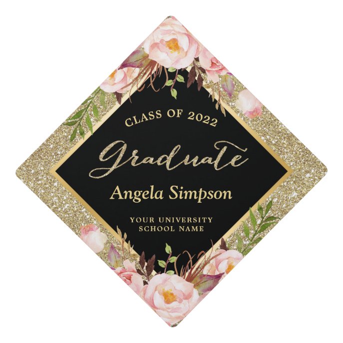 Gold Glitters Blush Pink Floral Class of 2022 Graduation Cap Topper