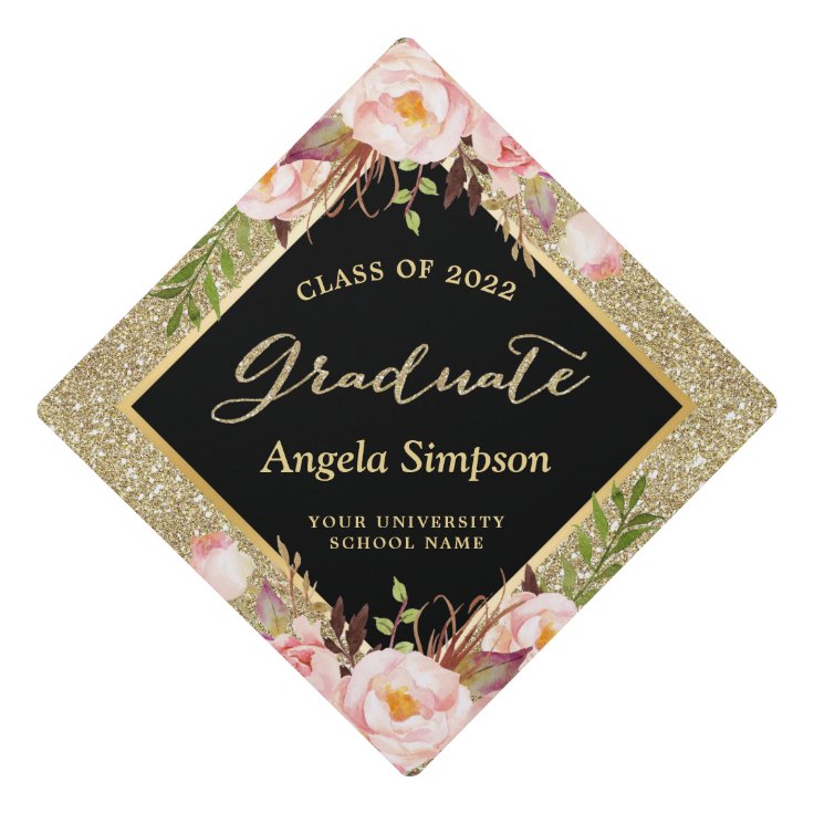 Gold Glitters Blush Pink Floral Class of 2022 Graduation Cap Topper ...
