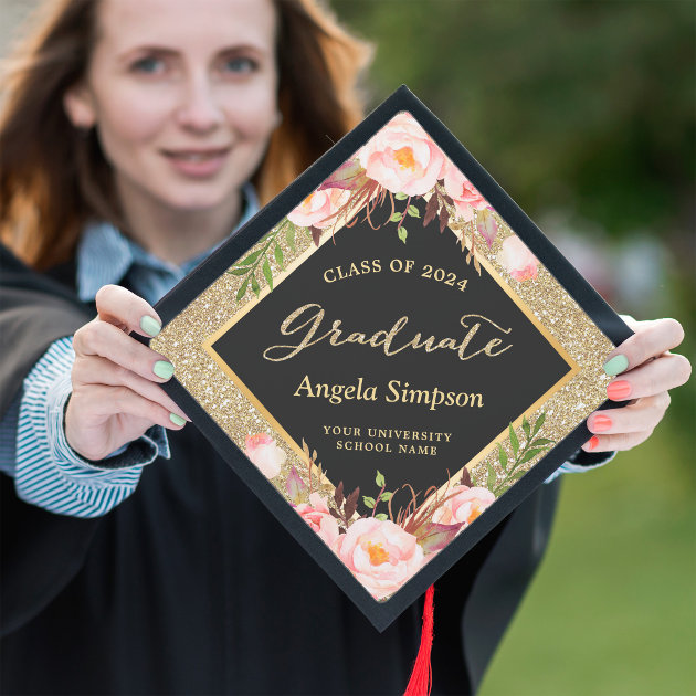 Gold Glitters Blush Pink Floral Class Of 2024 Graduation Cap Topper ...