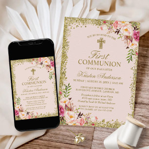 Gold Glitters Blush Pink Floral First Communion Invitation