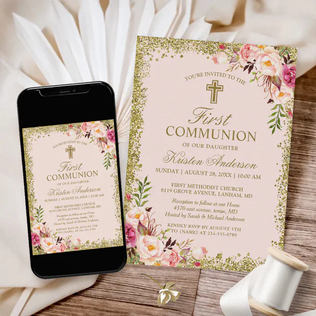 Gold Glitters Blush Pink Floral First Communion Invitation | Zazzle