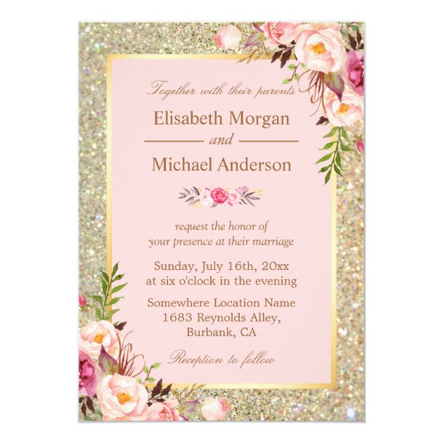 Gold Glitters Blush Pink Floral Wedding Invitation