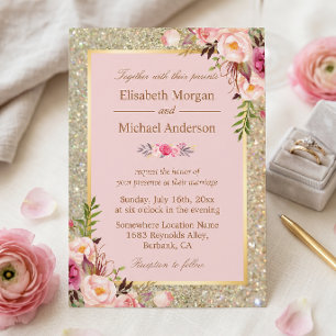 Gold Glitters Blush Pink Floral Wedding Invitation