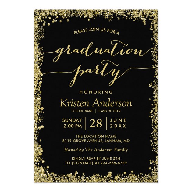 Gold Glitters Border Typography Graduation Party Card