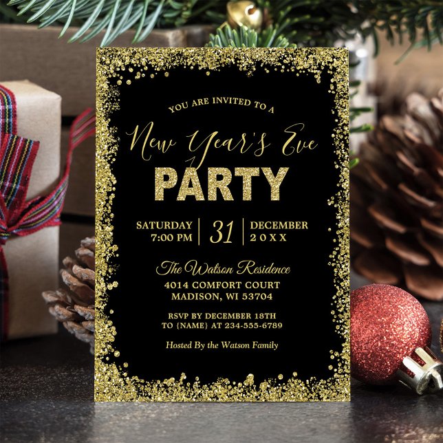 Gold Glitters Border Typography New Year's Party Invitation (Creator Uploaded)