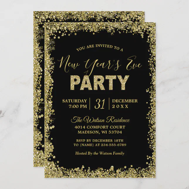 Gold Glitters Border Typography New Year's Party Invitation | Zazzle