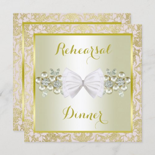 Gold Glitters Diamond Gem  Bow Rehearsal Dinner Invitation