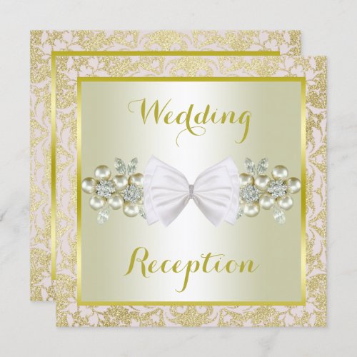 Gold Glitters Diamond Gem  Bow Wedding Reception Invitation