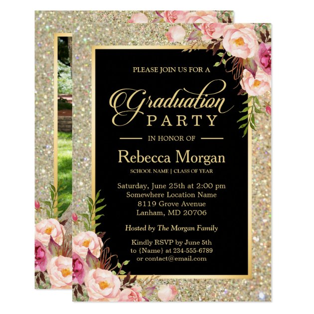 Gold Glitters Floral 2018 Photo Graduation Party Card (front side)