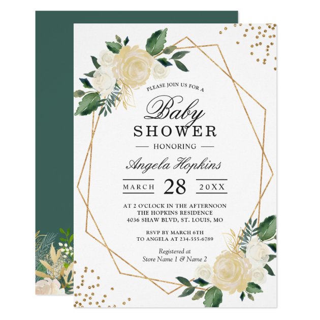 Gold Glitters Greenery Floral Baby Shower Brunch Invitation