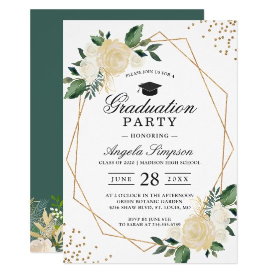 Gold Glitters Greenery Floral Graduation Party Invitation