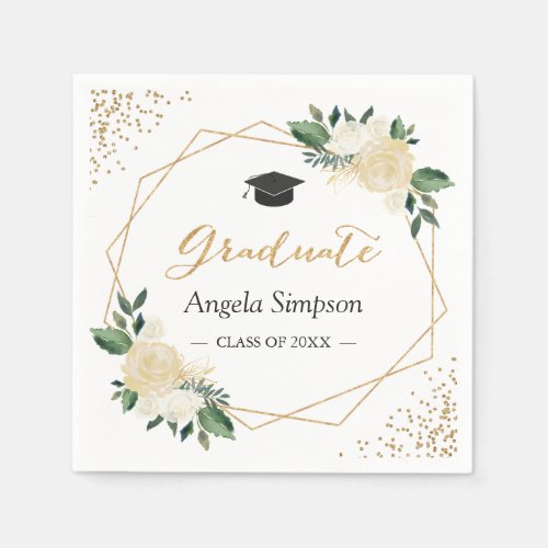 Gold Glitters Ivory Green Floral Graduation Party Napkins