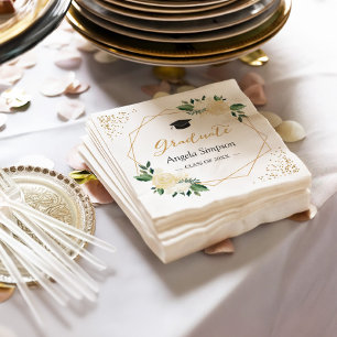 Gold Glitters Ivory Green Floral Graduation Party Napkins