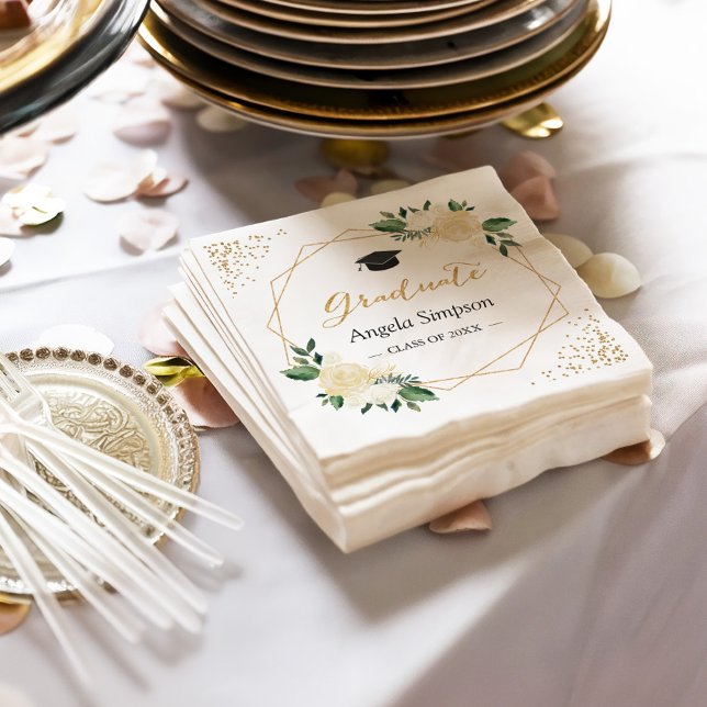 Gold Glitters Ivory Green Floral Graduation Party Napkins (Creator Uploaded)