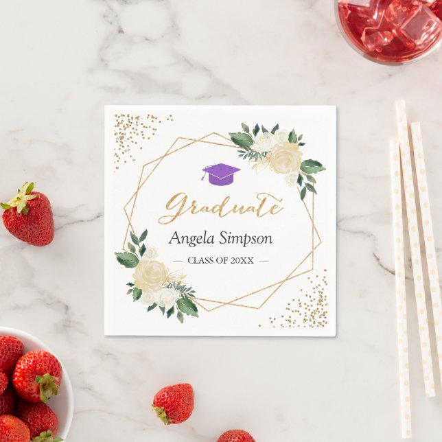 Gold Glitters Ivory Green Floral Lilac Graduation Napkins (Insitu)
