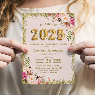 Gold Glitters Pink Floral Balloons 2025 Graduation Invitation