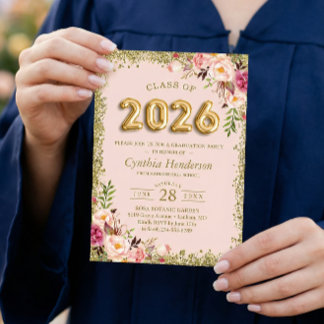 Gold Glitters Pink Floral Balloons 2026 Graduation Invitation