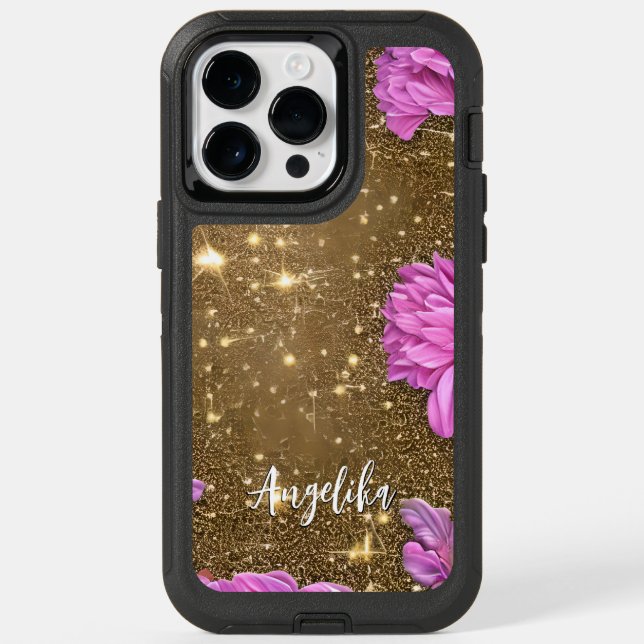 Gold Glitters Pink Flowers Custom Name Otterbox iPhone Case (Back)