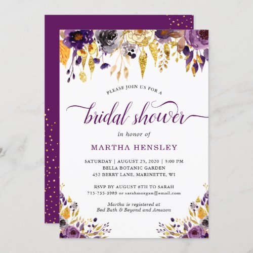 Gold Glitters Plum Purple Floral Bridal Shower Invitation