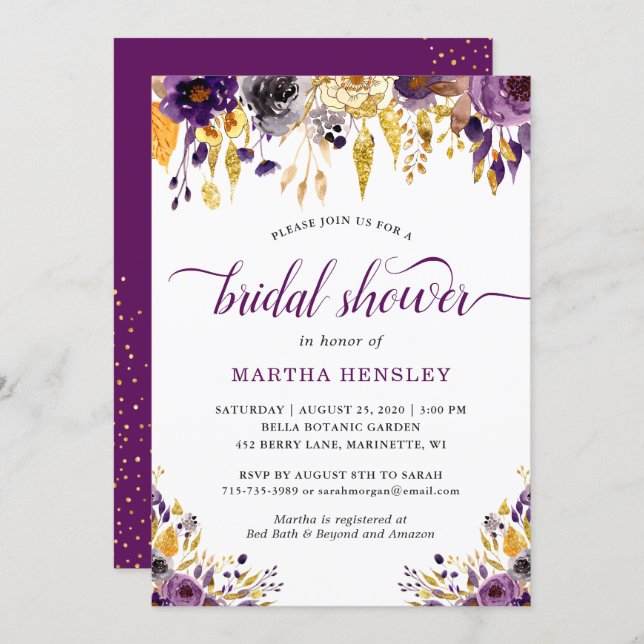 Gold Glitters Plum Purple Floral Bridal Shower Invitation (Front/Back)