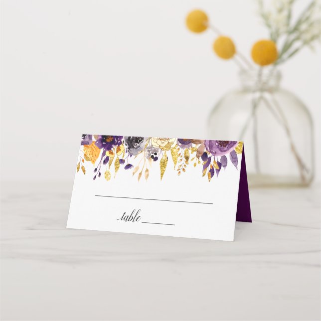 Gold Glitters Plum Purple Floral Wedding Place Card (Front)