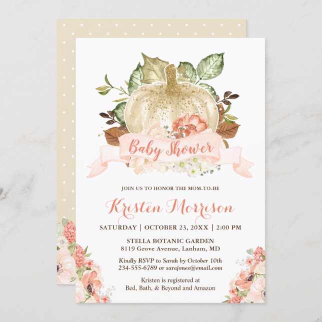 Gold Glitters Pumpkin Floral Fall Baby Shower Invitation (Front/Back)