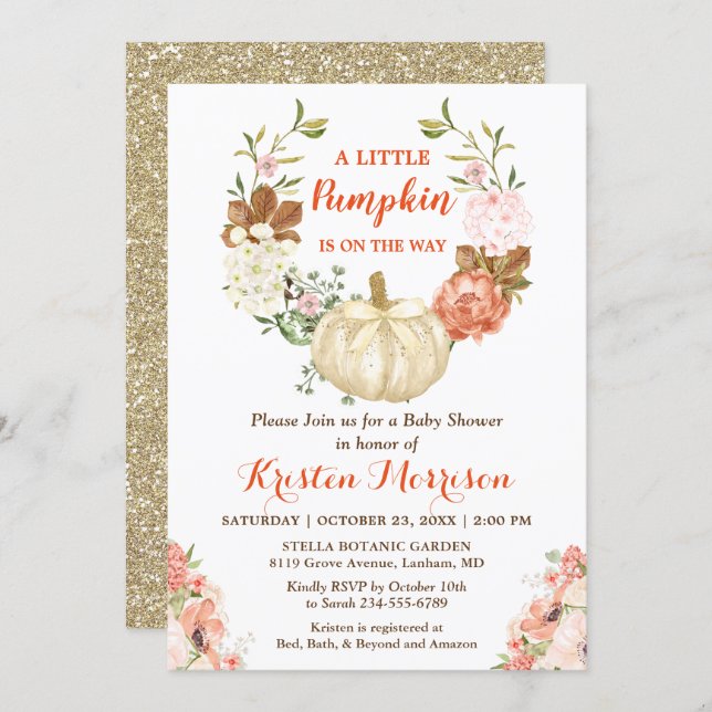 Gold Glitters Pumpkin Floral Fall Baby Shower Invitation (Front/Back)