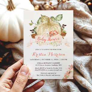 Gold Glitters Pumpkin Floral Fall Baby Shower Invitation