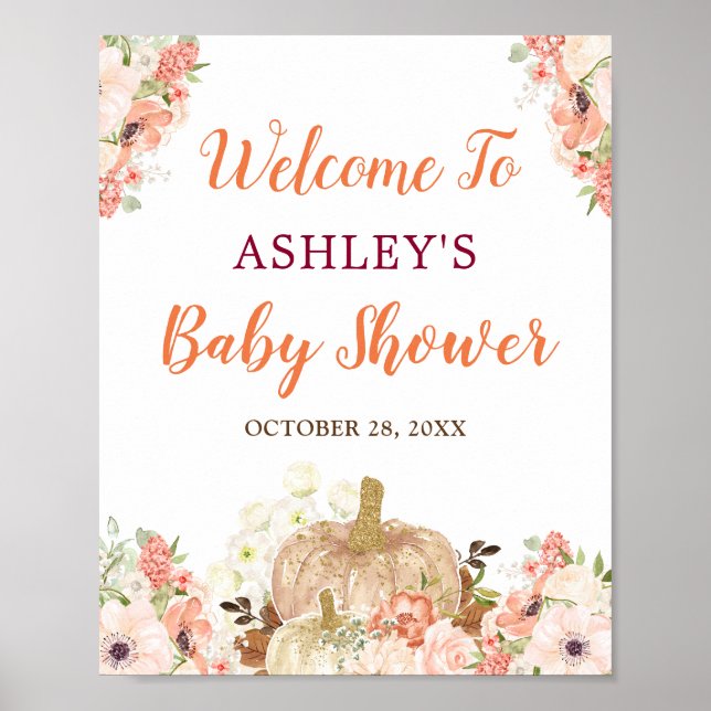 Gold Glitters Pumpkin Floral Fall Baby Shower Sign (Front)