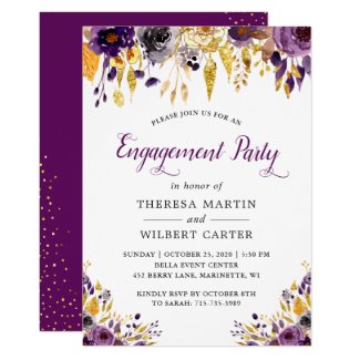 Gold Glitters Purple Chic Floral Engagement Party Invitation