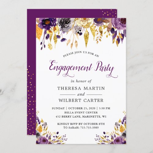 Gold Glitters Purple Chic Floral Engagement Party Invitation