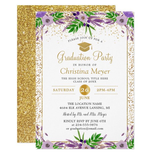 Gold Glitters Purple Floral Graduation Party Invitation