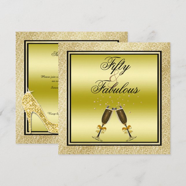 Gold Glitters Stiletto & Champagne Fabulous 50 Invitation (Front/Back)