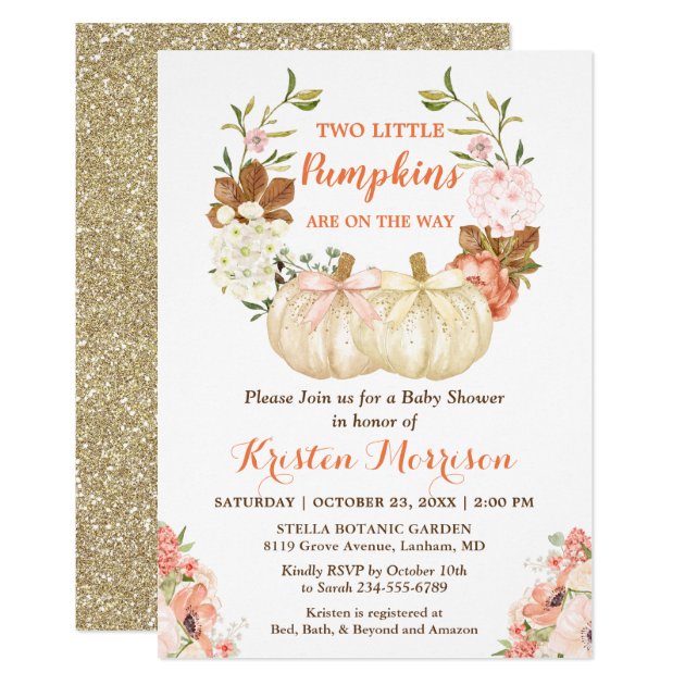 Gold Glitters Twins Pumpkins Fall Baby Shower Invitation