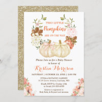 Gold Glitters Twins Pumpkins Fall Baby Shower Invitation