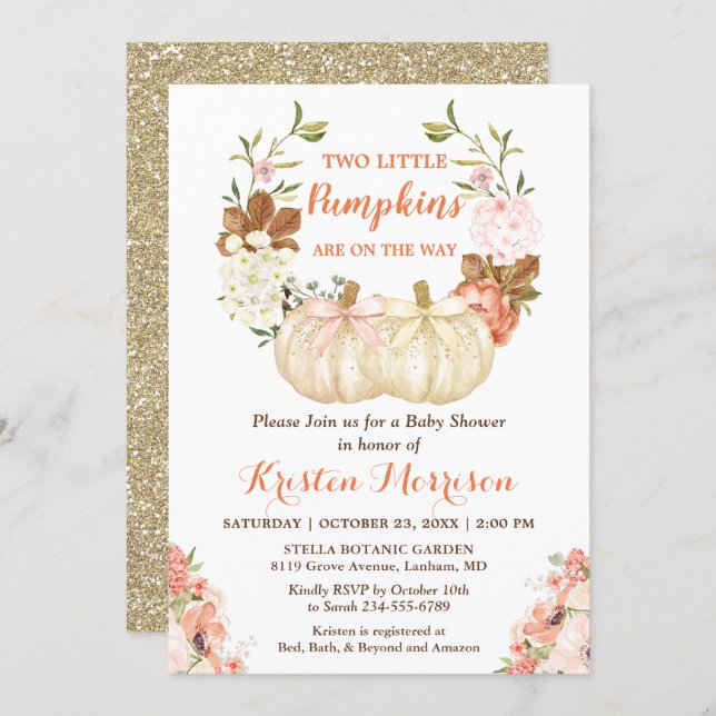Gold Glitters Twins Pumpkins Fall Baby Shower Invitation (Front/Back)