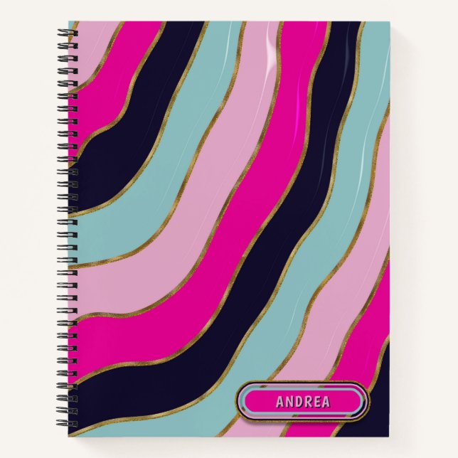 Gold Glitters Wavy Pink Blue Tones Stylish Stripes Notebook (Front)
