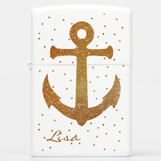 Gold Glittery Anchor Zippo Lighter (Front)