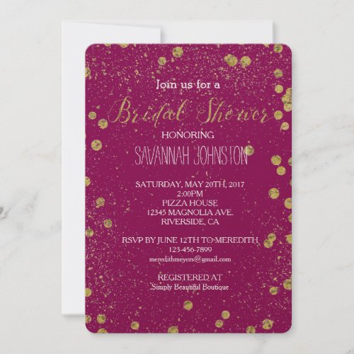 Gold Glittery Confetti Dots Pink bridal shower Invitation
