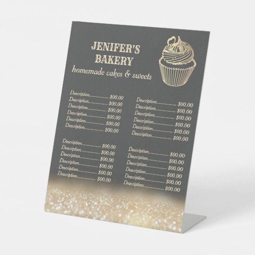 Gold glittery cupcake bakery price list pedestal s pedestal sign