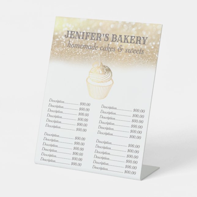 Gold glittery cupcake bakery price list pedestal sign (Front)