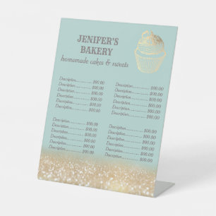 Gold glittery cupcake bakery price list pedestal sign
