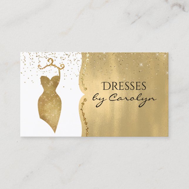 Gold Glittery Dress Seamstress Business Card (Front)