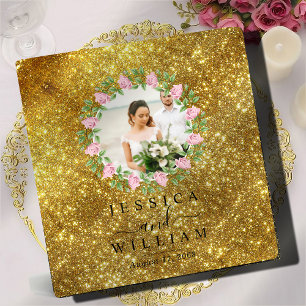 Gold Glittery Elegant Floral Wedding Photo Album 3 Ring Binder