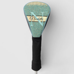 Gold Glittery Feathers Monogram on Turquoise Golf Head Cover