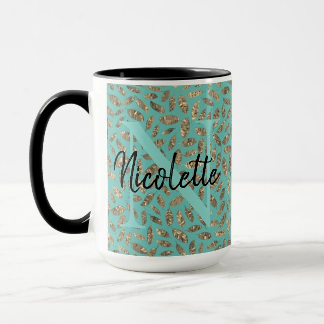 Gold Glittery Feathers Monogram on Turquoise     Mug (Left)